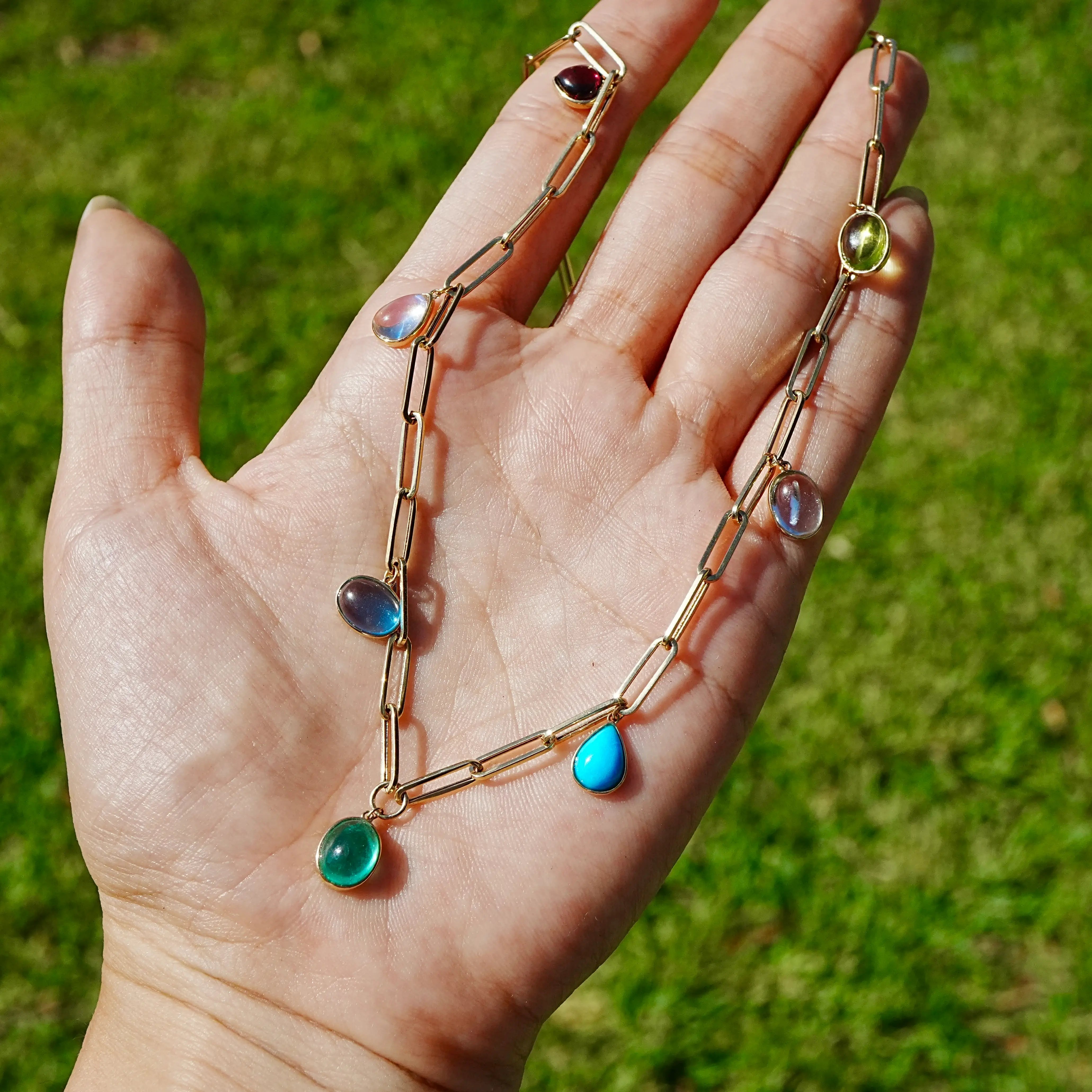 14k yellow gold Earthlight 7.53 ctw Natural Emerald & Turquoise Seven-Gemstone Paperclip Chain Necklace (One-of-a-Kind)