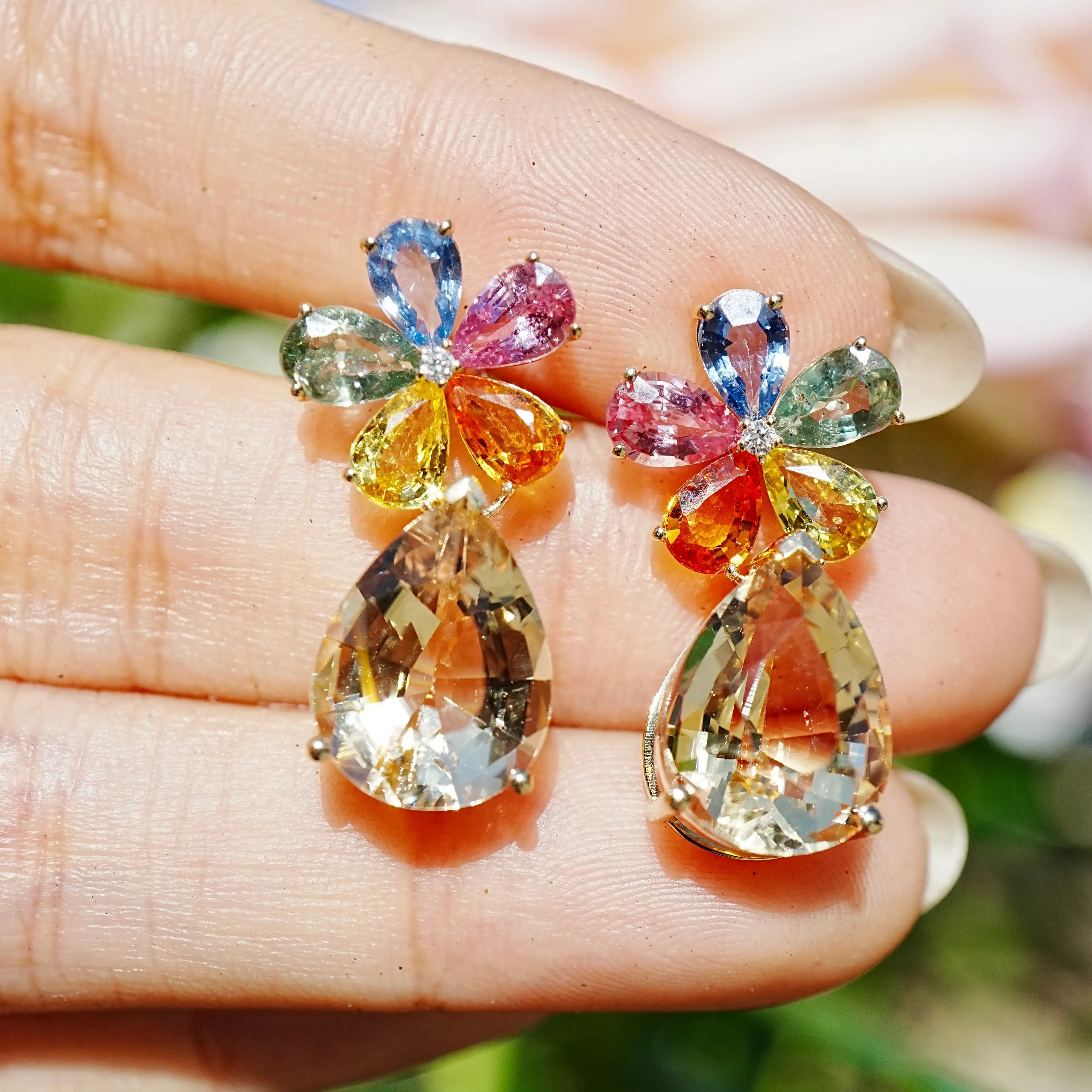 Garden Melody 13.43 ctw Natural Rainbow Sapphire, Champagne Scapolite & Diamond Drop Earrings (One-of-a-Kind)