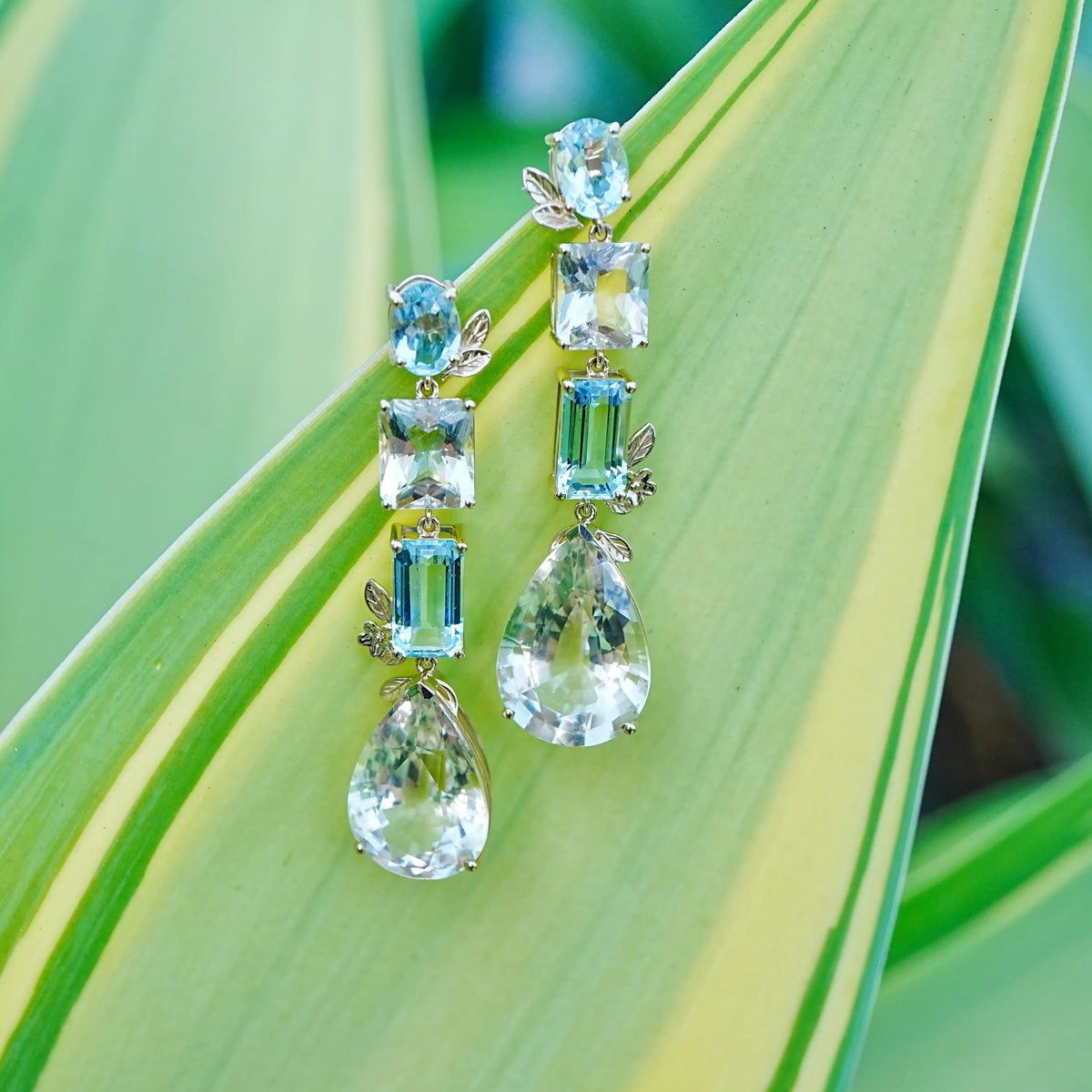 Garden Melody 34.85 ctw Natural Aquamarine & Champagne Scapolite Drop Earrings (One-of-a-Kind)
