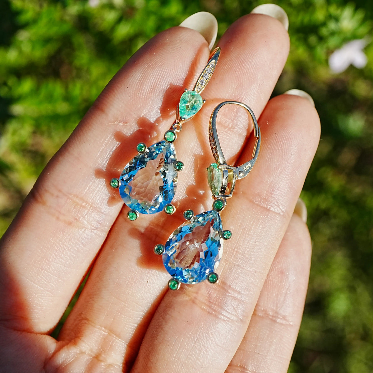 Garden Melody 9.48 ctw AIGS Certified Natural Aquamarine & Emerald Lever-Back Earrings (One-of-a-Kind)