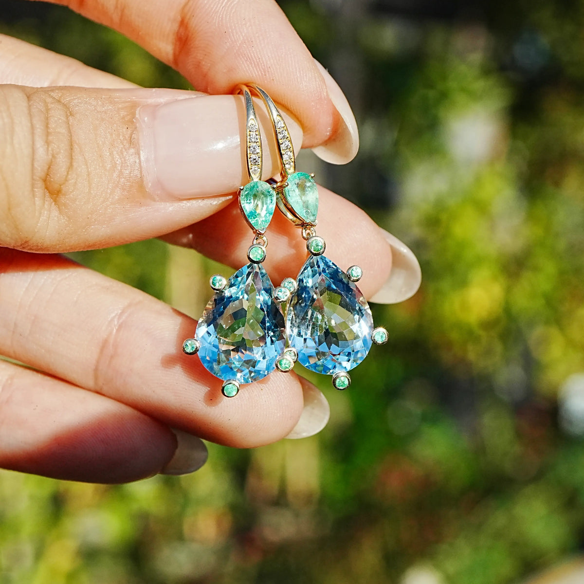 Garden Melody 9.48 ctw AIGS Certified Natural Aquamarine & Emerald Lever-Back Earrings (One-of-a-Kind)
