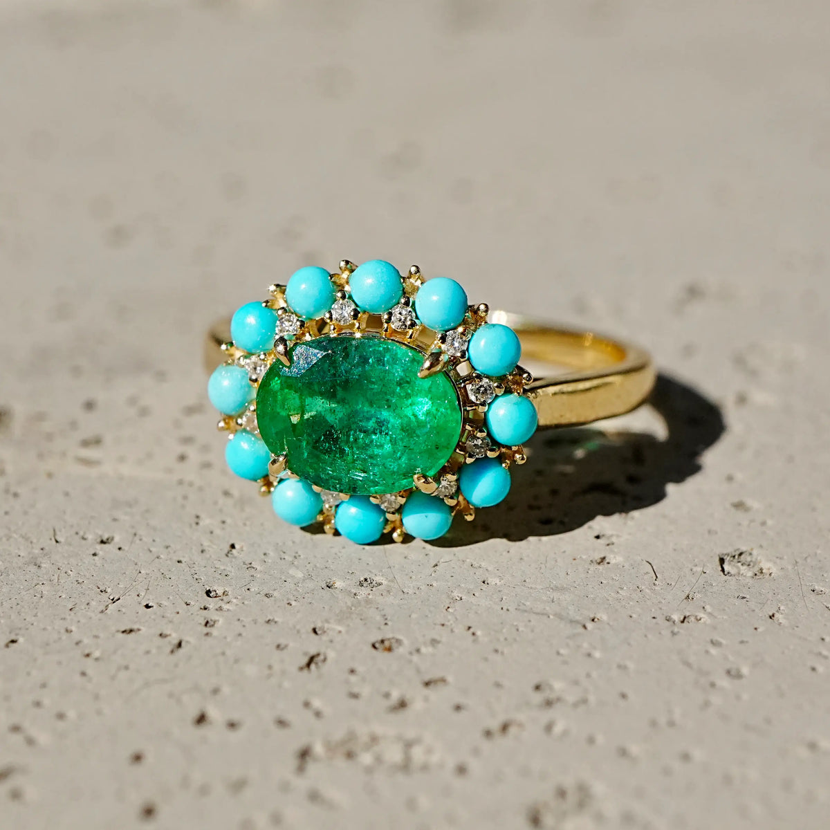 Belle Halo 1.94 ctw AIGS Certified Natural Emerald, Turquoise & Diamond East-West Ring (One-of-a-Kind)