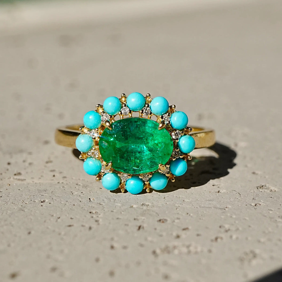 Belle Halo 1.94 ctw AIGS Certified Natural Emerald, Turquoise & Diamond East-West Ring (One-of-a-Kind)