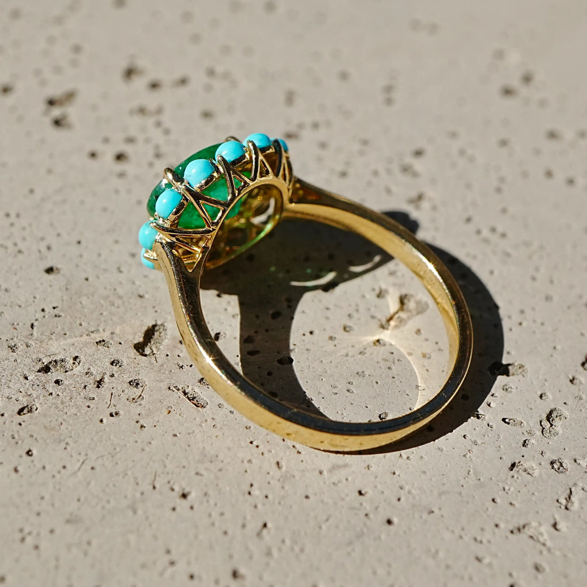 Belle Halo 1.94 ctw AIGS Certified Natural Emerald, Turquoise & Diamond East-West Ring (One-of-a-Kind)