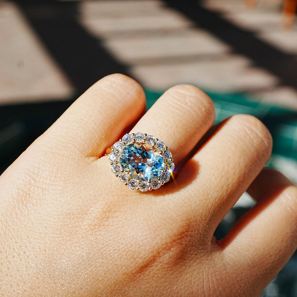 Eden Halo 4.34 ctw AIGS Certified Natural Aquamarine & Lab Diamond East-West Ring (One-of-a-Kind)