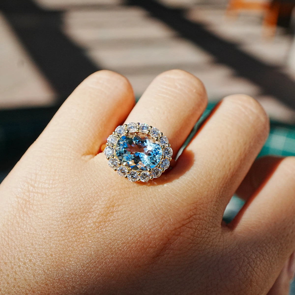 Eden Halo 4.34 ctw AIGS Certified Natural Aquamarine & Lab Diamond East-West Ring (One-of-a-Kind)