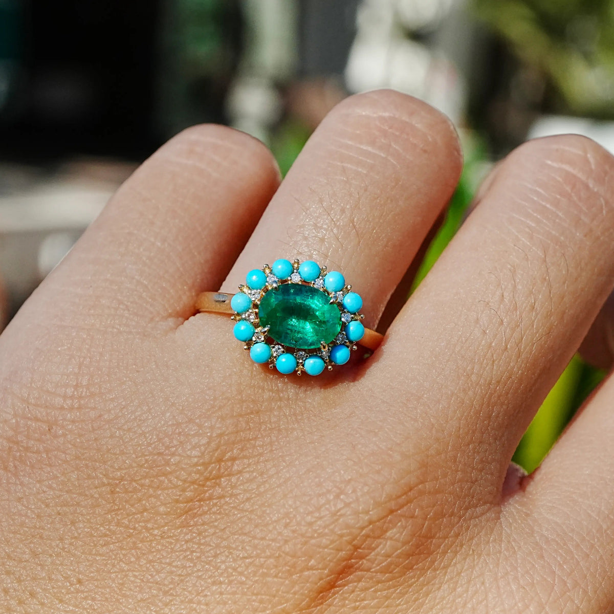 Belle Halo 1.94 ctw AIGS Certified Natural Emerald, Turquoise & Diamond East-West Ring (One-of-a-Kind)