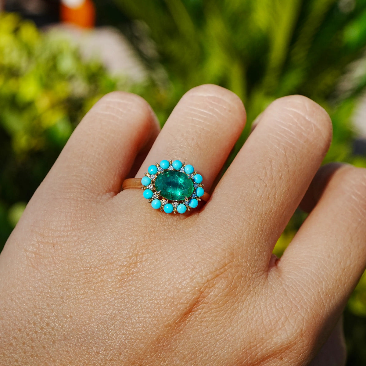 Belle Halo 1.94 ctw AIGS Certified Natural Emerald, Turquoise & Diamond East-West Ring (One-of-a-Kind)