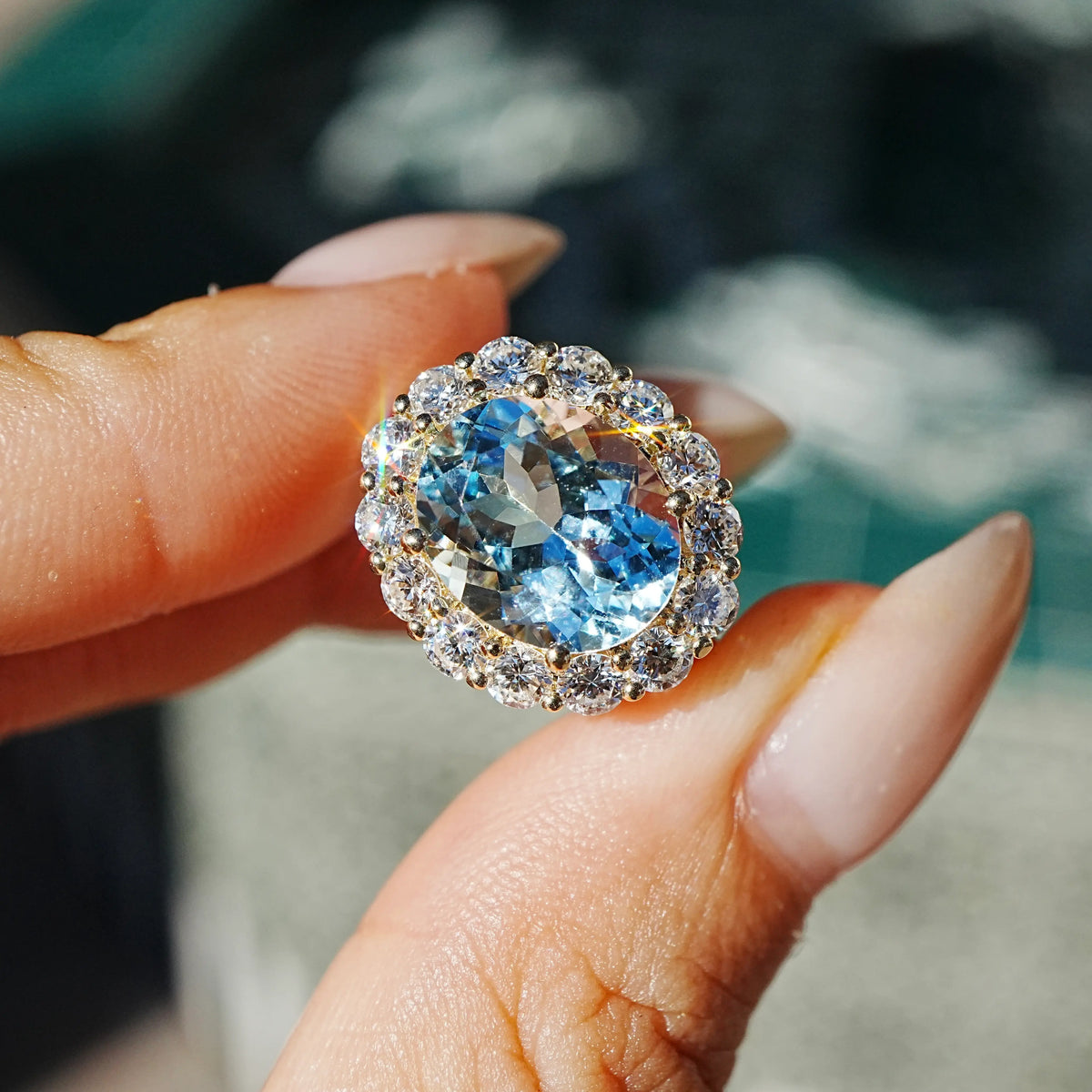 Eden Halo 4.34 ctw AIGS Certified Natural Aquamarine & Lab Diamond East-West Ring (One-of-a-Kind)