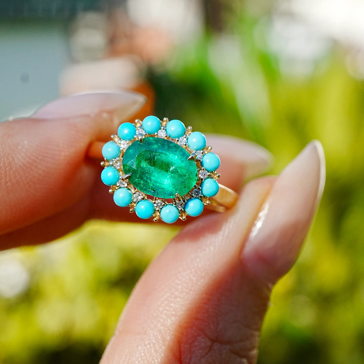 Belle Halo 1.94 ctw AIGS Certified Natural Emerald, Turquoise & Diamond East-West Ring (One-of-a-Kind)