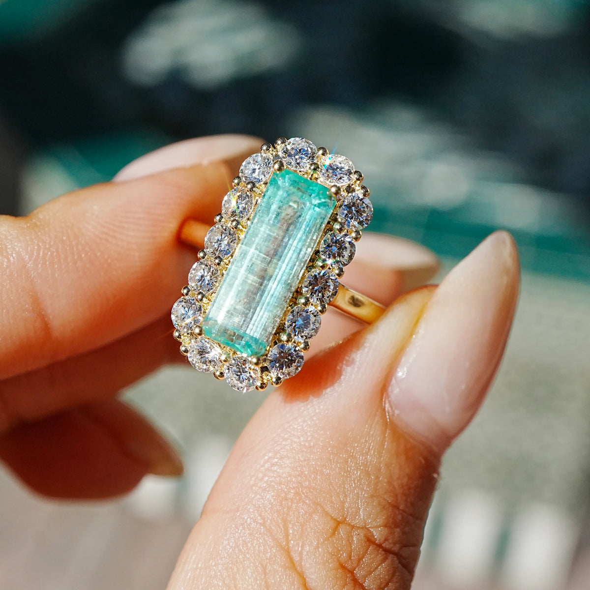 Eden Halo 3.69 ctw Natural Vanadium Beryl & Lab Diamond Ring (One-of-a-Kind)