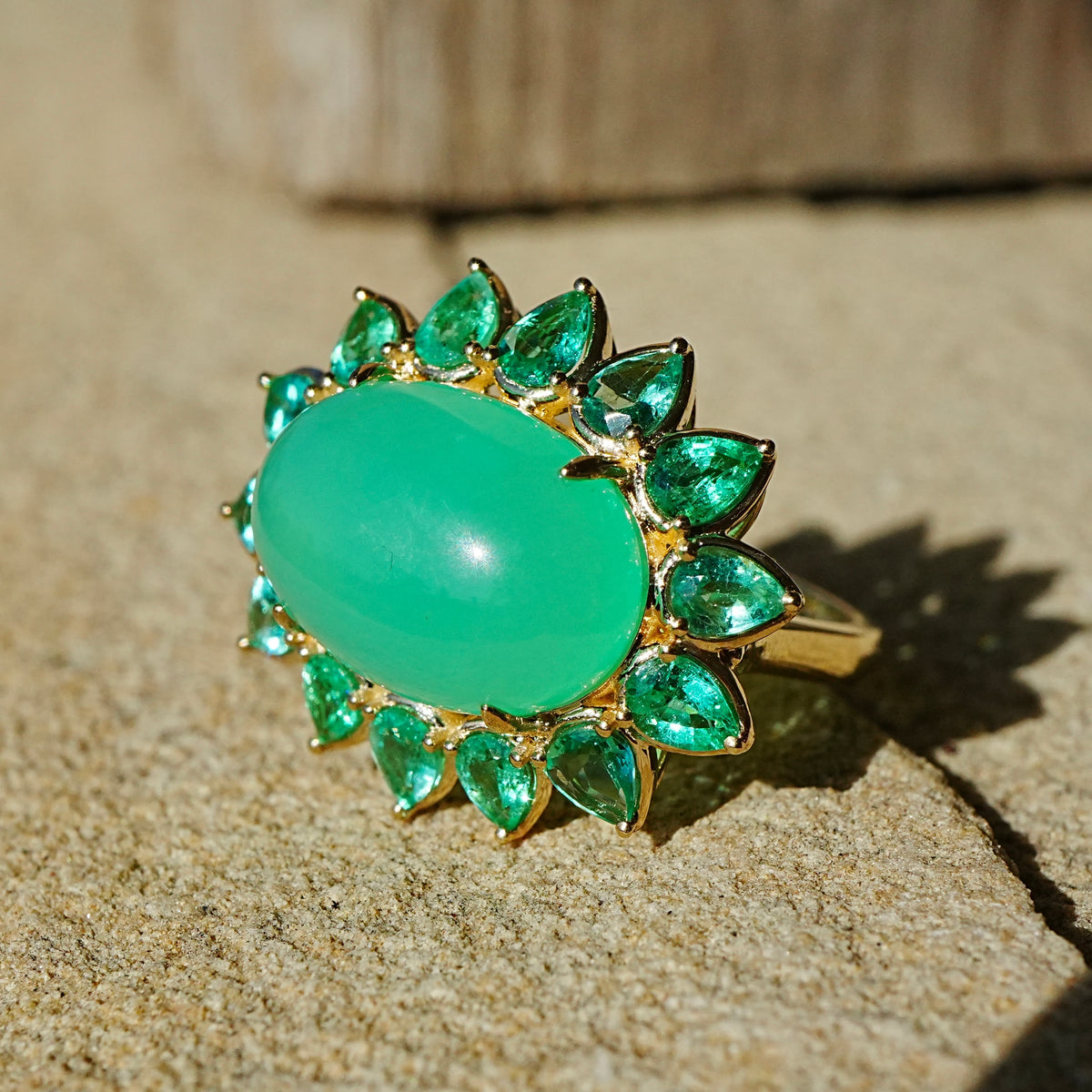 14k yellow gold Bloom Halo 8.49 ctw Natural Australian Chrysoprase & Emerald East-West Ring (One-of-a-Kind)