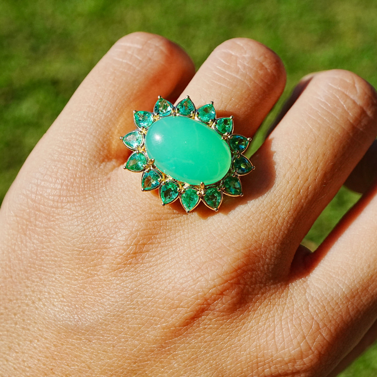 14k yellow gold Bloom Halo 8.49 ctw Natural Australian Chrysoprase & Emerald East-West Ring (One-of-a-Kind)