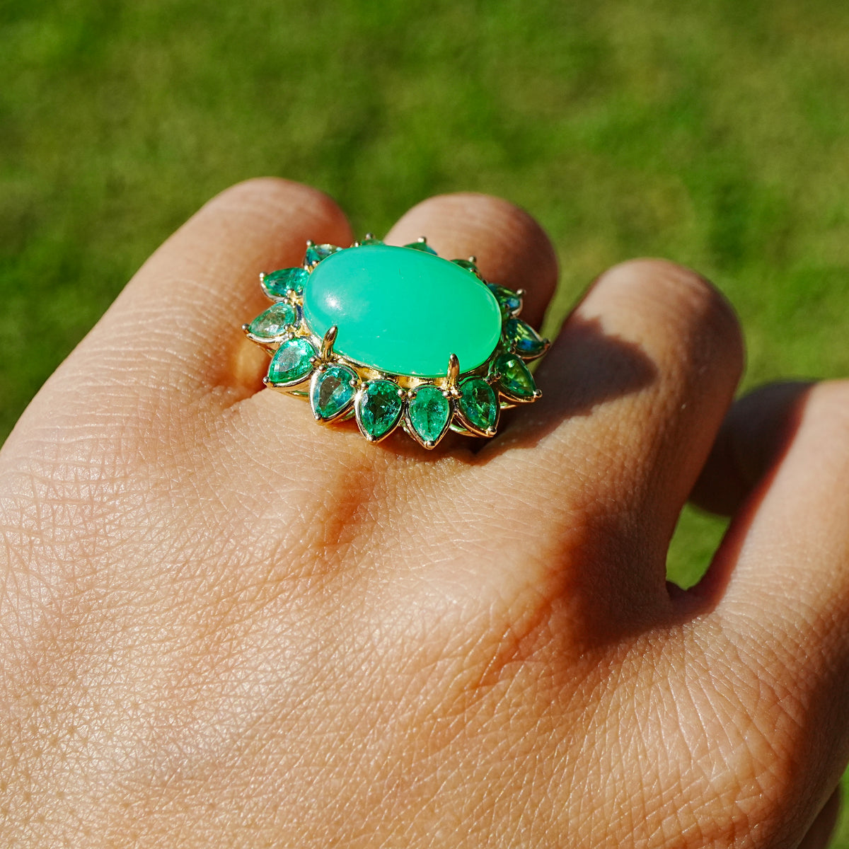 14k yellow gold Bloom Halo 8.49 ctw Natural Australian Chrysoprase & Emerald East-West Ring (One-of-a-Kind)