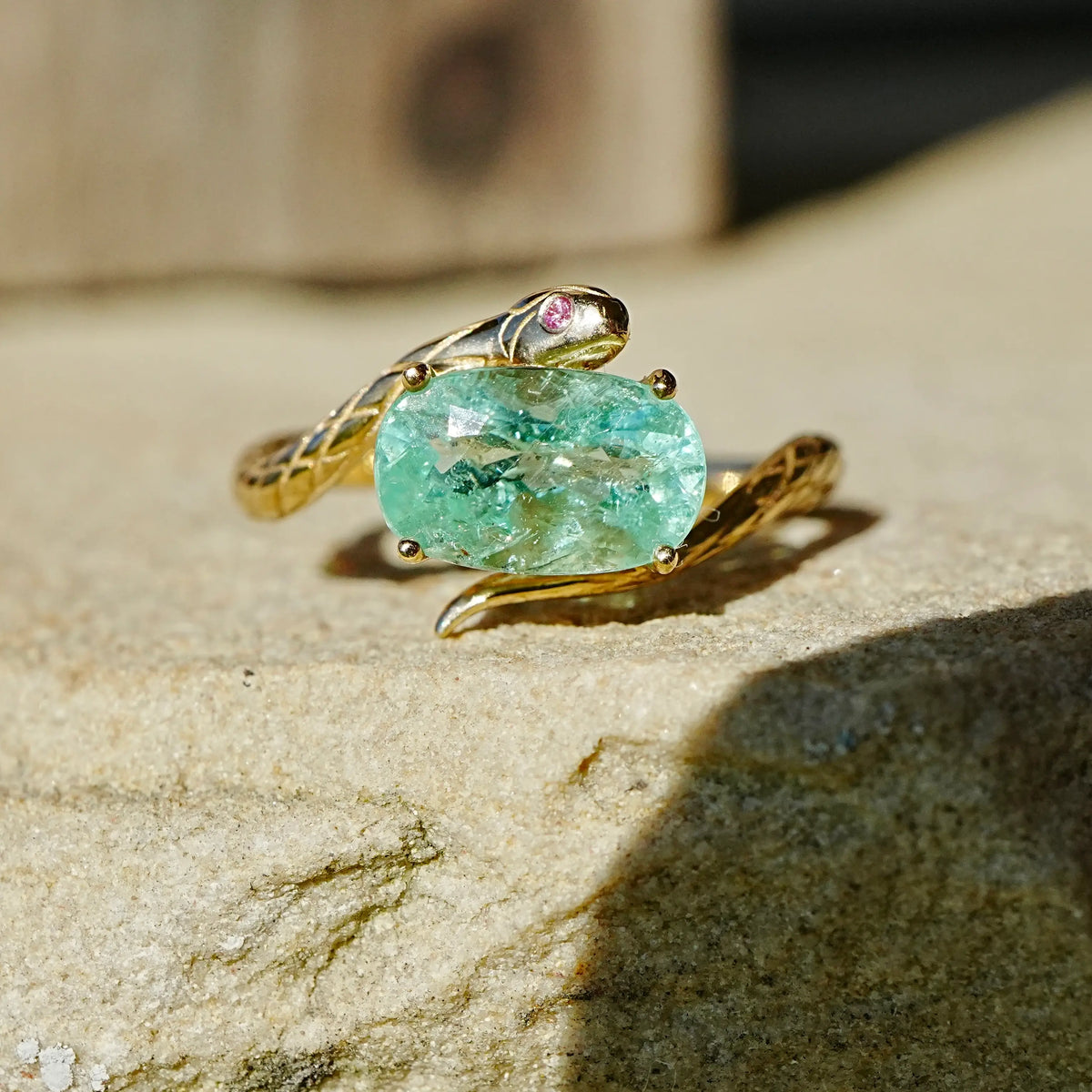 14k yellow gold Snake Protection 1.77 ctw AIGS Certified Natural Paraiba Tourmaline & Pink Sapphire East-West Ring (One-of-a-Kind)