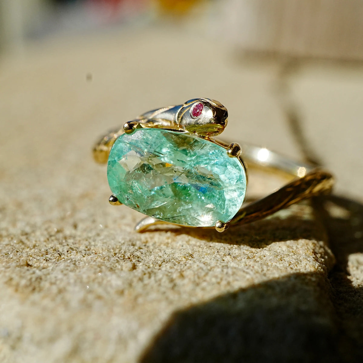 14k yellow gold Snake Protection 1.77 ctw AIGS Certified Natural Paraiba Tourmaline & Pink Sapphire East-West Ring (One-of-a-Kind)