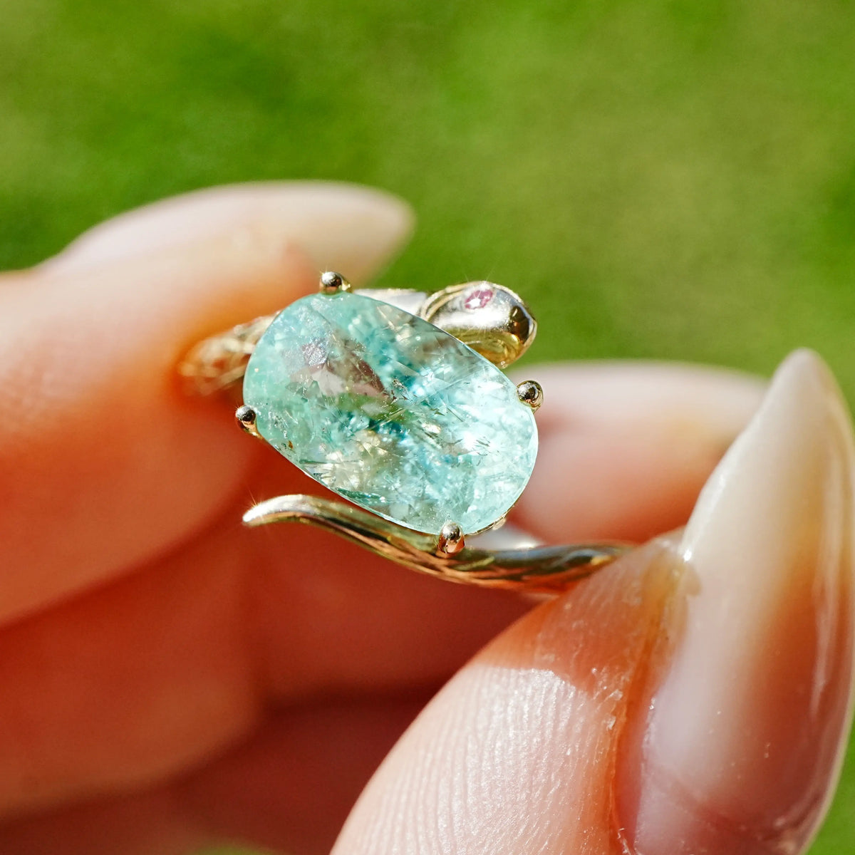 14k yellow gold Snake Protection 1.77 ctw AIGS Certified Natural Paraiba Tourmaline & Pink Sapphire East-West Ring (One-of-a-Kind)