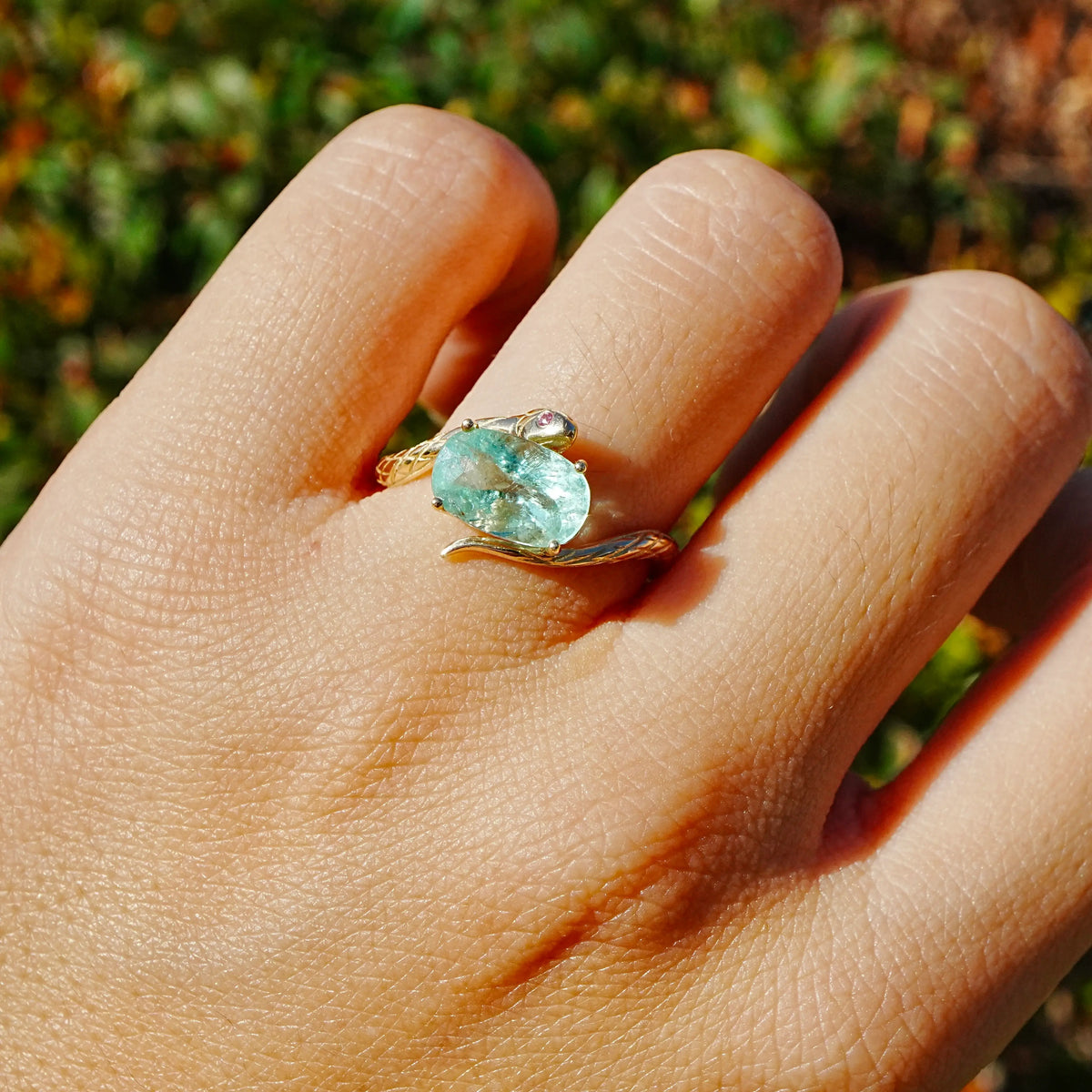 14k yellow gold Snake Protection 1.77 ctw AIGS Certified Natural Paraiba Tourmaline & Pink Sapphire East-West Ring (One-of-a-Kind)