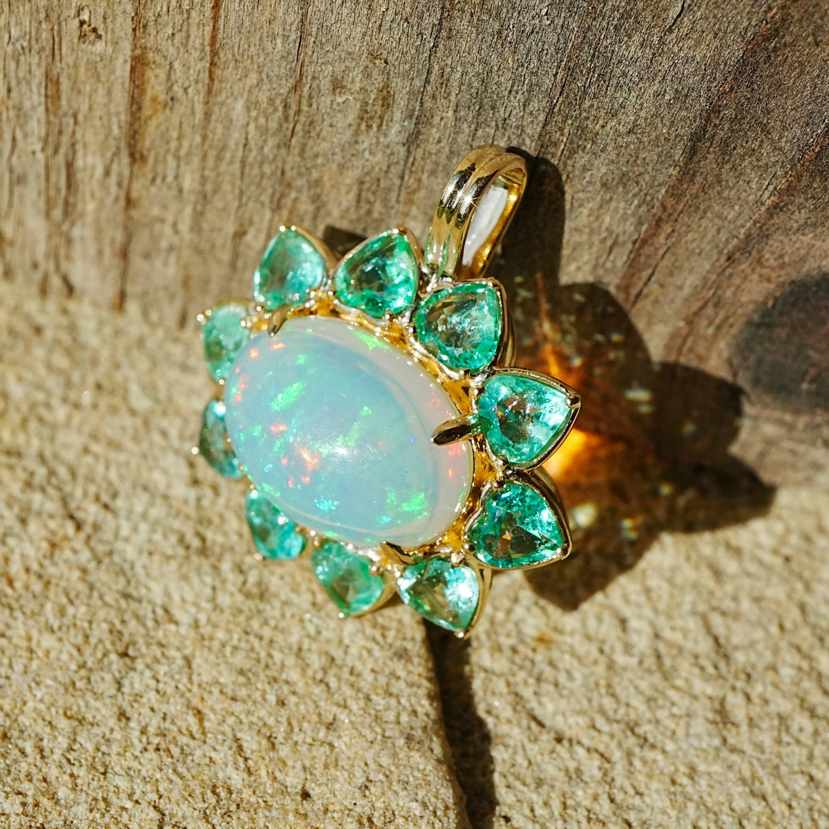 Bloom Halo 6.71 ctw Natural Opal & Emerald Diamond Heart Lock Paperclip Chain Necklace (One-of-a-Kind)