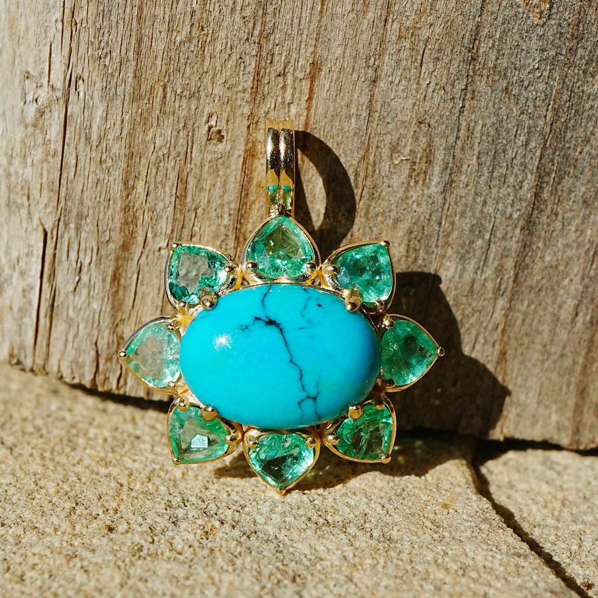 Bloom Halo 5.45 ctw Natural Turquoise & Emerald Diamond Heart Lock Paperclip Chain Necklace (One-of-a-Kind)