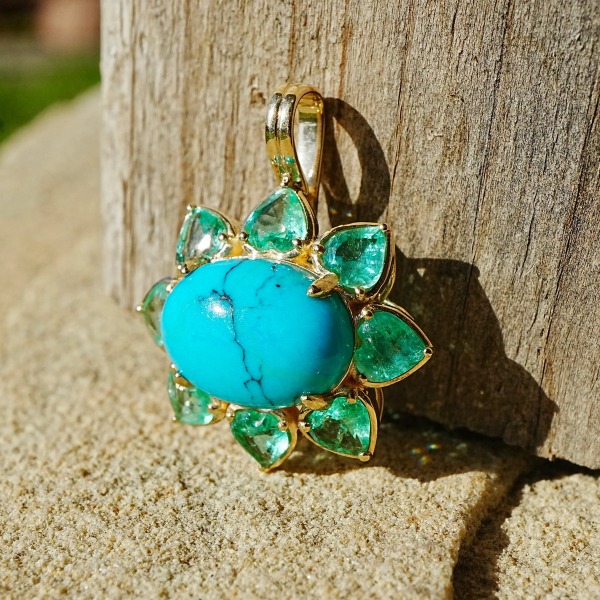 Bloom Halo 5.45 ctw Natural Turquoise & Emerald Diamond Heart Lock Paperclip Chain Necklace (One-of-a-Kind)