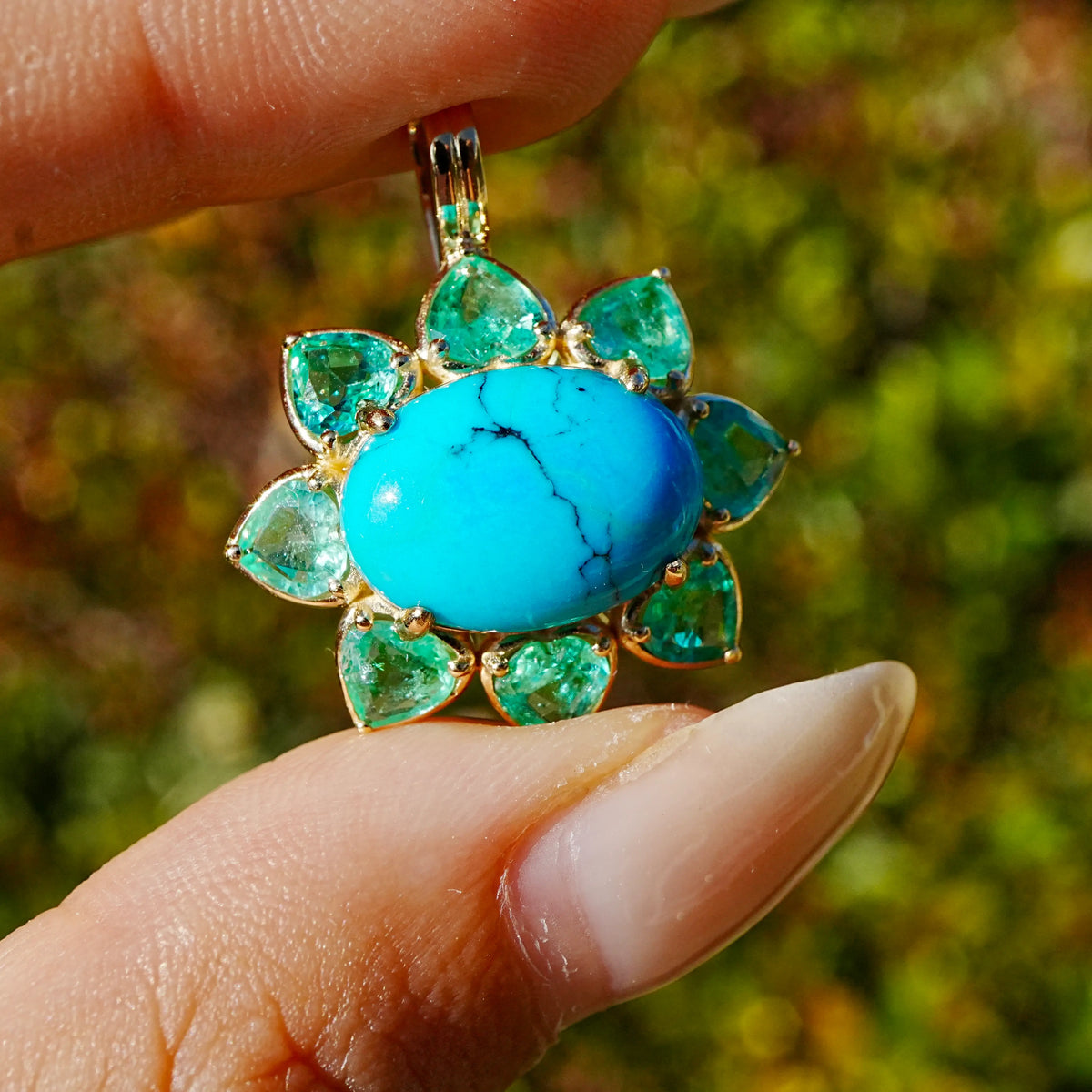 Bloom Halo 5.45 ctw Natural Turquoise & Emerald Diamond Heart Lock Paperclip Chain Necklace (One-of-a-Kind)
