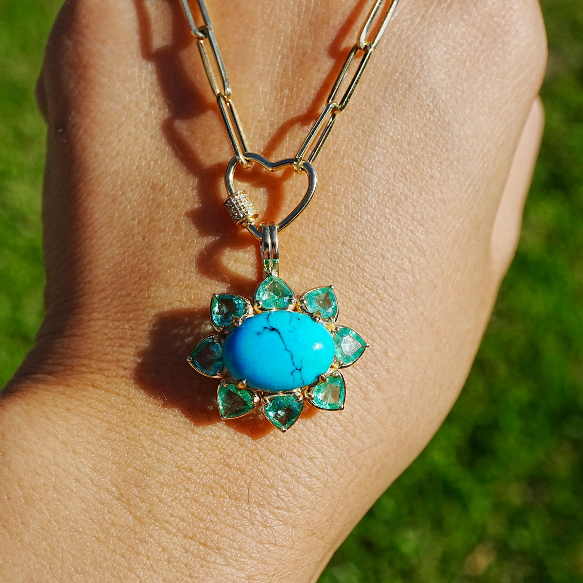 Bloom Halo 5.45 ctw Natural Turquoise & Emerald Diamond Heart Lock Paperclip Chain Necklace (One-of-a-Kind)
