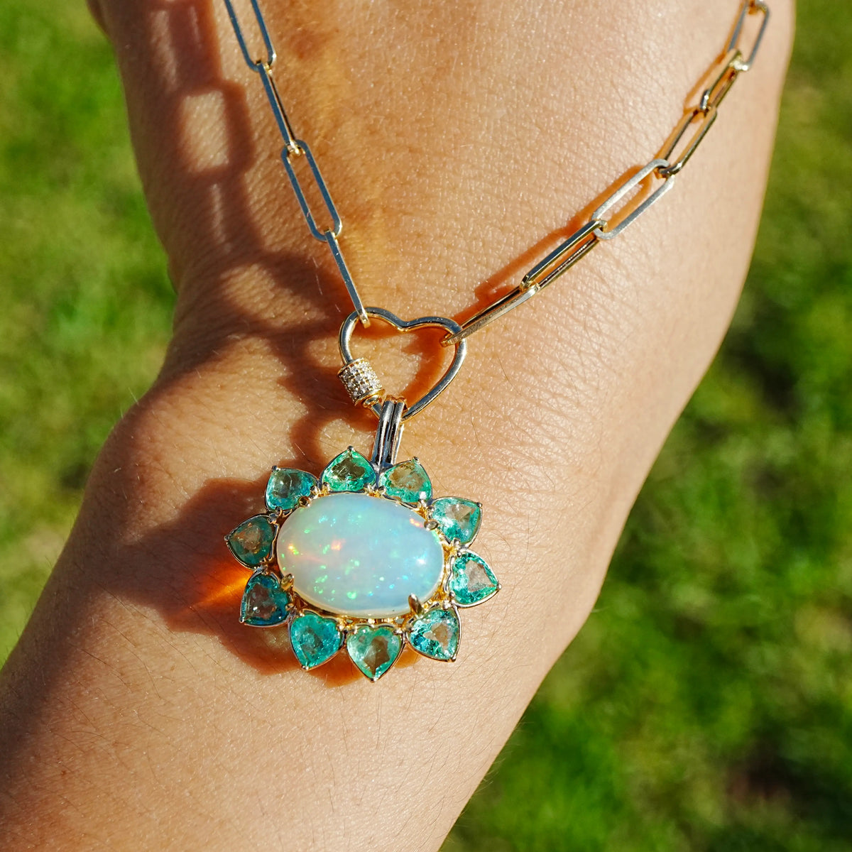 Bloom Halo 6.71 ctw Natural Opal & Emerald Diamond Heart Lock Paperclip Chain Necklace (One-of-a-Kind)