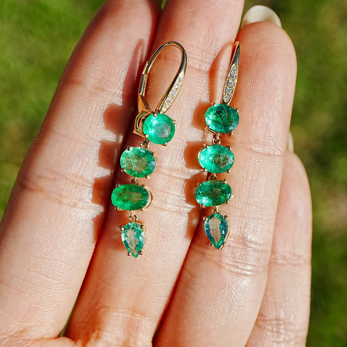 Garden Melody 3.80 ctw Natural Emerald & Diamond Lever-Back Drop Earrings (One-of-a-Kind)