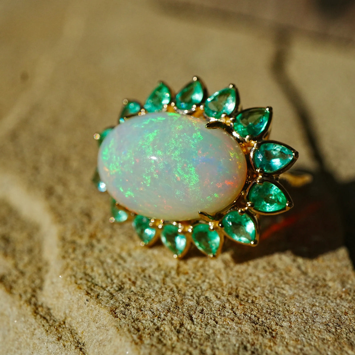 Bloom Halo 9.09 ctw Natural Opal & Emerald East-West Ring (One-of-a-Kind)