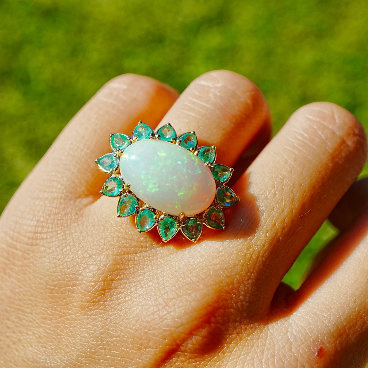 Bloom Halo 9.09 ctw Natural Opal & Emerald East-West Ring (One-of-a-Kind)