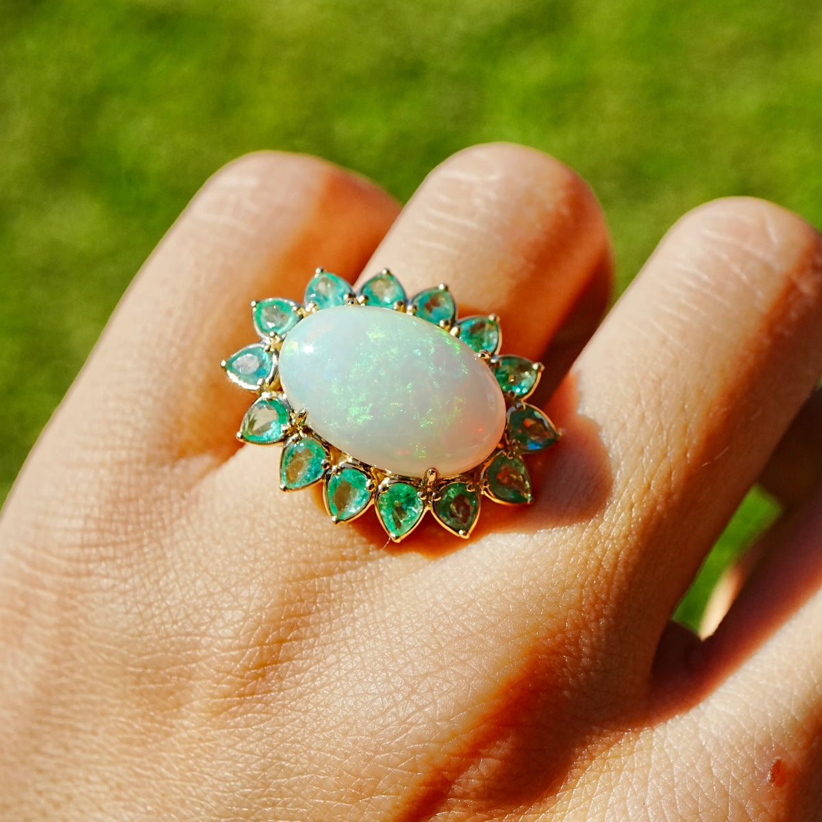 Bloom Halo 9.09 ctw Natural Opal & Emerald East-West Ring (One-of-a-Kind)