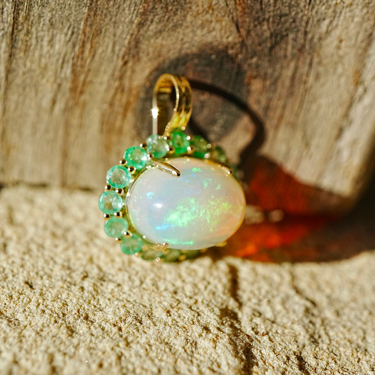 14k yellow gold Eden Halo 5.17 ctw Natural Opal & Emerald Diamond Lock Paperclip Chain Necklace (One-of-a-Kind)
