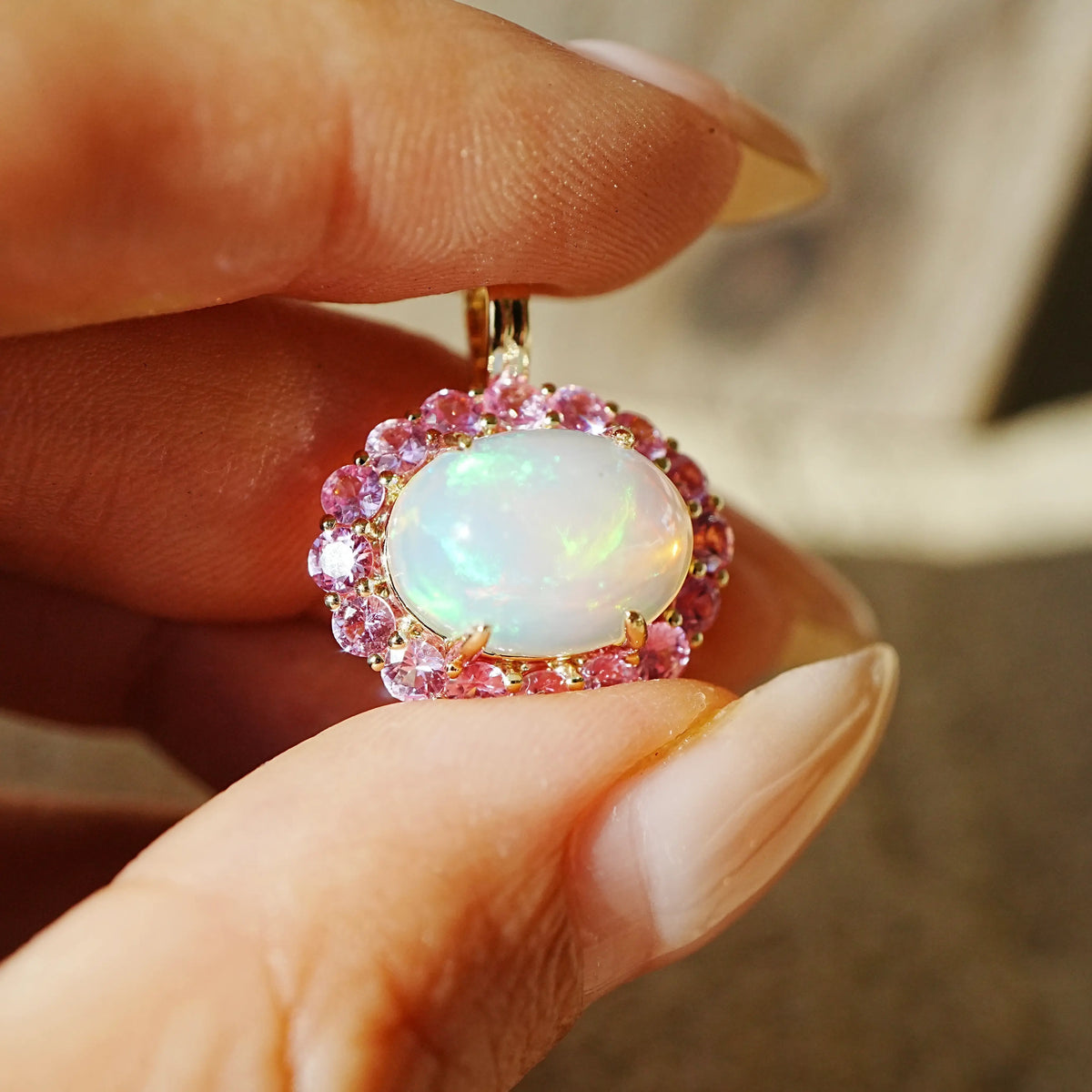 14k yellow gold Eden Halo 4.12 ctw Natural Opal & Pink Sapphire Diamond Lock Paperclip Chain Necklace (One-of-a-Kind)
