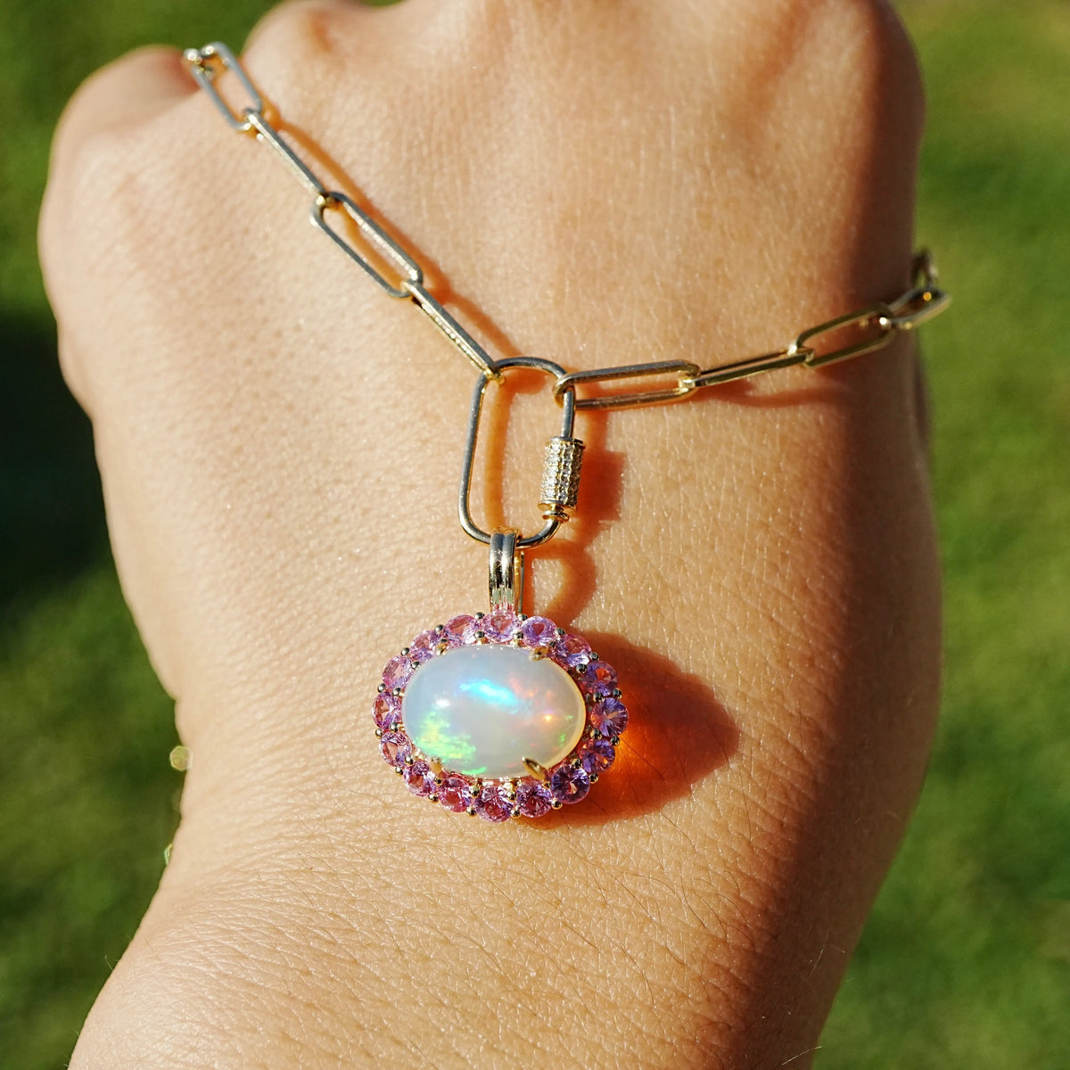 14k yellow gold Eden Halo 4.12 ctw Natural Opal & Pink Sapphire Diamond Lock Paperclip Chain Necklace (One-of-a-Kind)