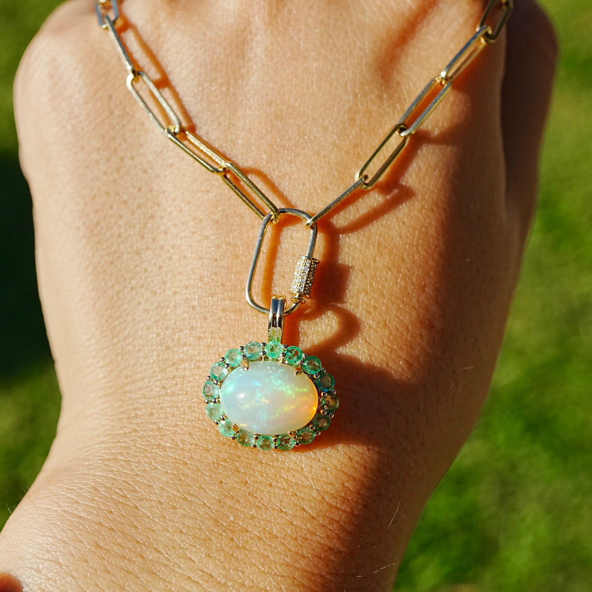 14k yellow gold Eden Halo 5.17 ctw Natural Opal & Emerald Diamond Lock Paperclip Chain Necklace (One-of-a-Kind)