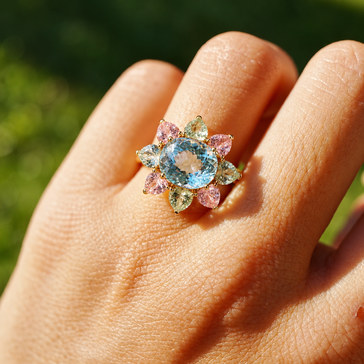 Bloom Halo 4.80 ctw Aquamarine & Pastel Tourmaline Ring (One-of-a-Kind)
