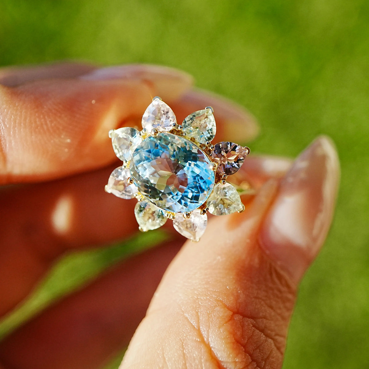 Bloom Halo 4.80 ctw Aquamarine & Pastel Tourmaline Ring (One-of-a-Kind)