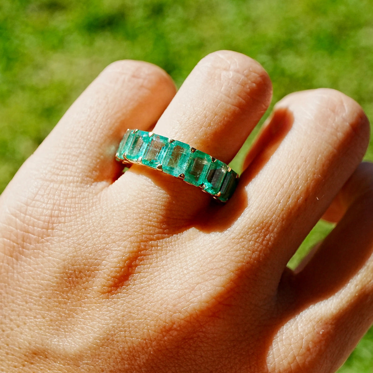 14k yellow gold Nora 8.50 ctw Natural Emerald Eternity Ring (One-of-a-Kind)