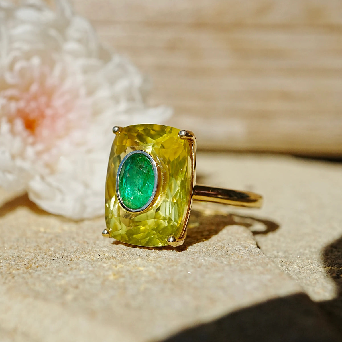14k solid yellow gold Inner Light 10.80 ctw Natural Citrine & Emerald Ring (One-of-a-Kind)