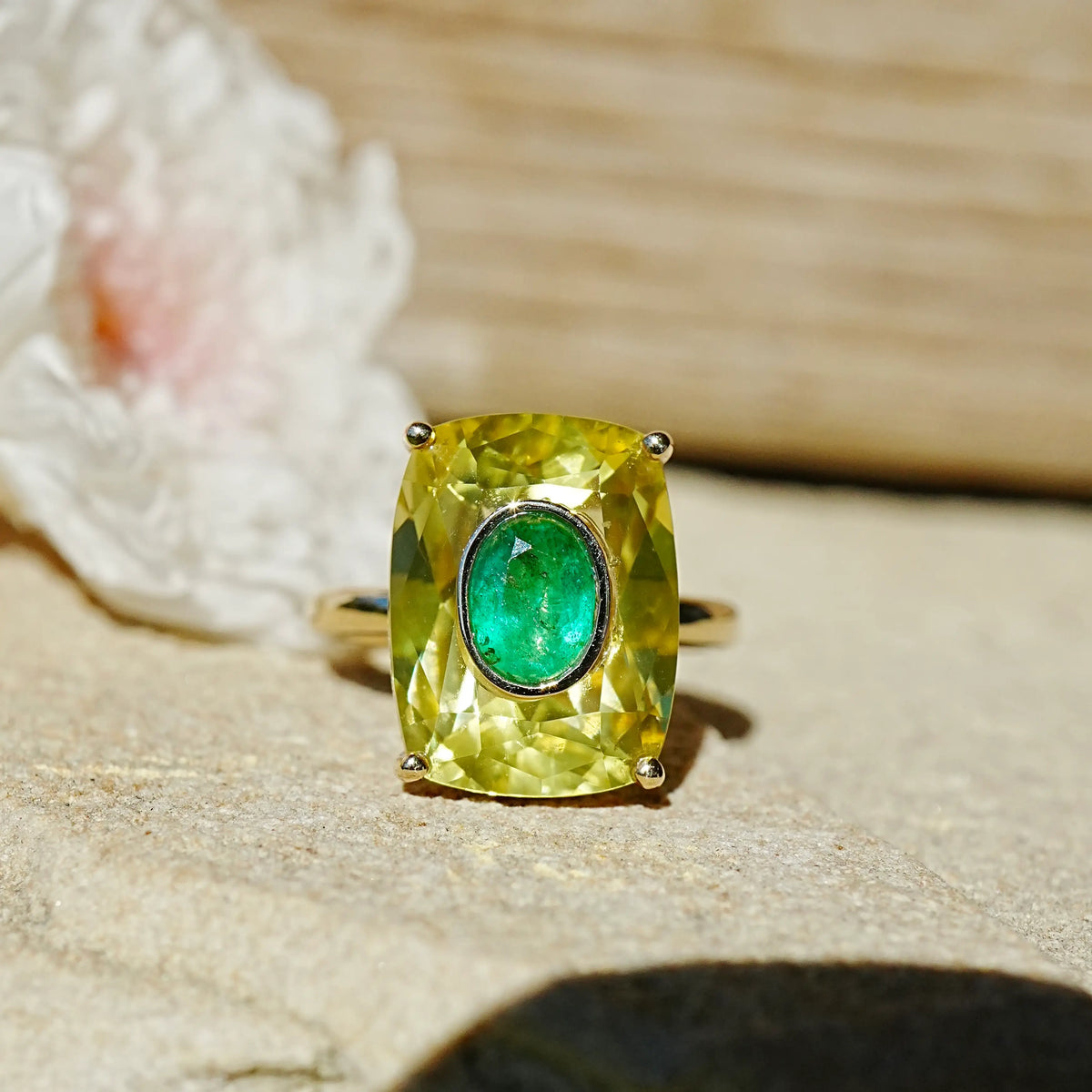 14k solid yellow gold Inner Light 10.80 ctw Natural Citrine & Emerald Ring (One-of-a-Kind)