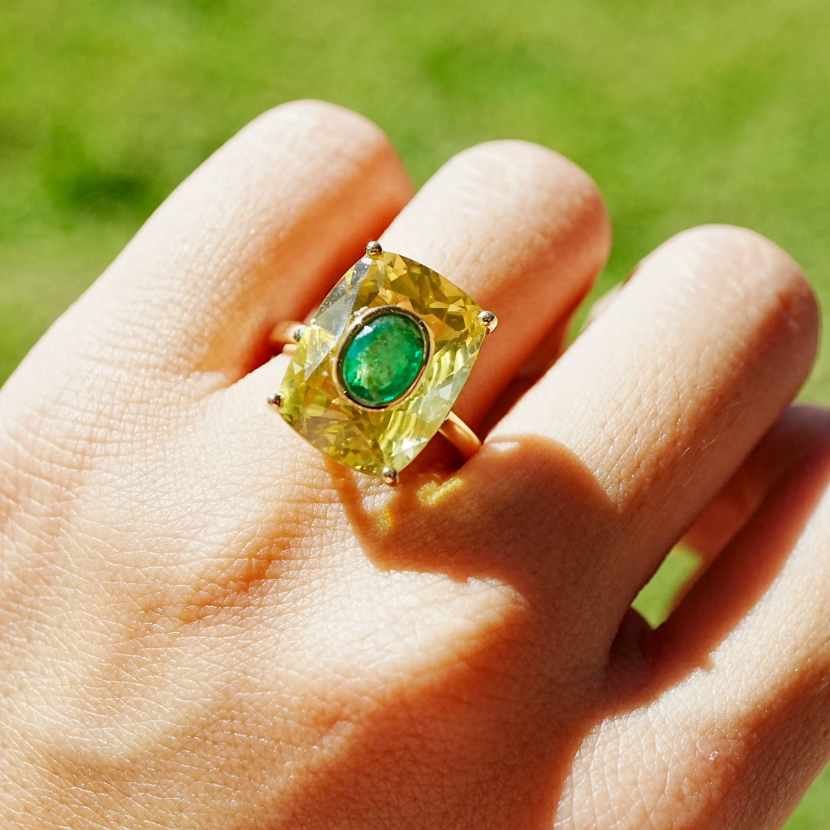 14k solid yellow gold Inner Light 10.80 ctw Natural Citrine & Emerald Ring (One-of-a-Kind)