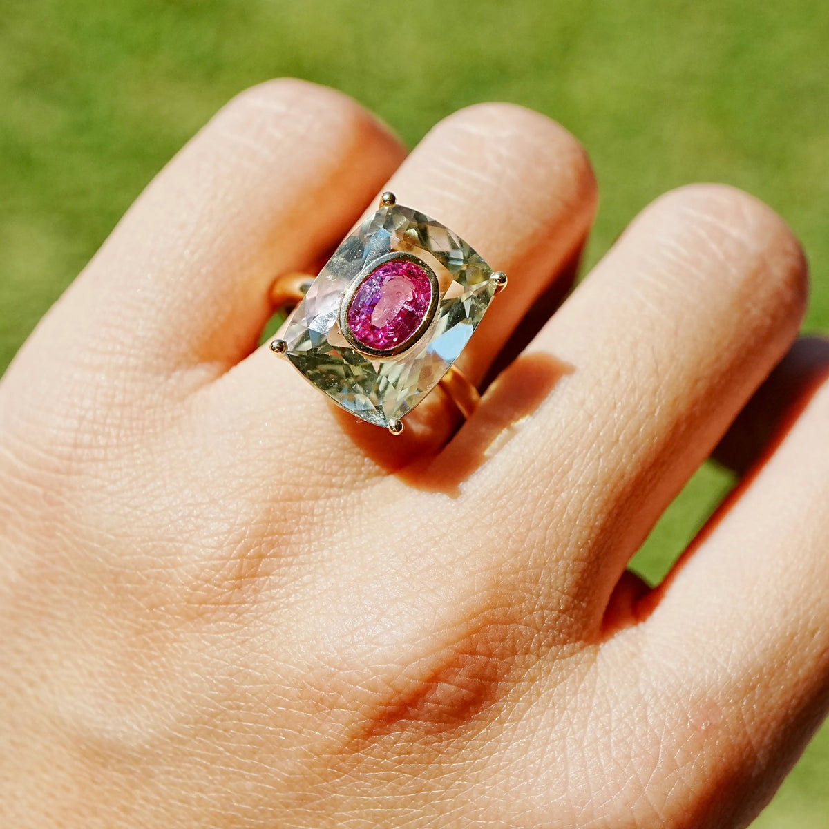 14k solid yellow gold Inner Light 10.90 ctw Natural Prasiolite & Pink Sapphire Ring (One-of-a-Kind)