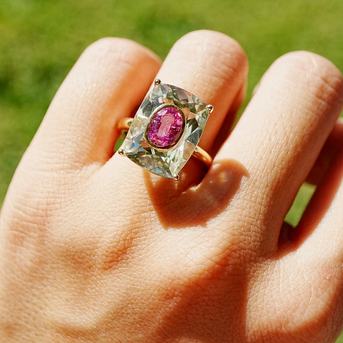 14k solid yellow gold Inner Light 10.90 ctw Natural Prasiolite & Pink Sapphire Ring (One-of-a-Kind)