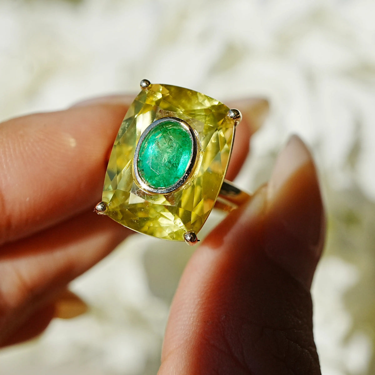 14k solid yellow gold Inner Light 10.80 ctw Natural Citrine & Emerald Ring (One-of-a-Kind)