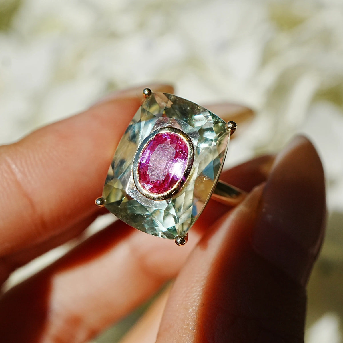 14k solid yellow gold Inner Light 10.90 ctw Natural Prasiolite & Pink Sapphire Ring (One-of-a-Kind)