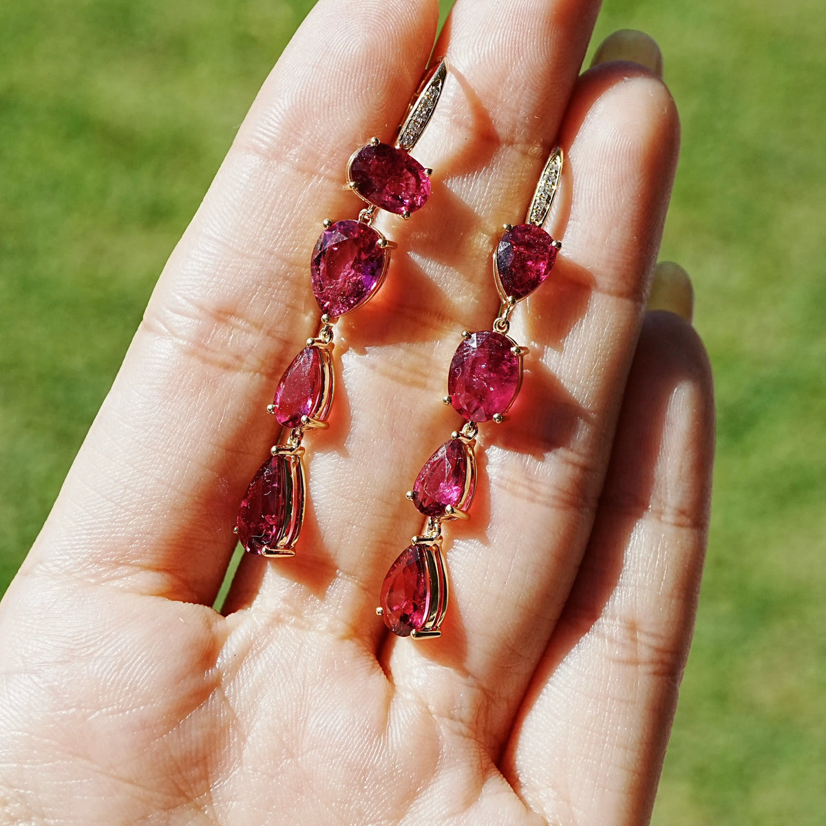 14k solid yellow gold Garden Melody 8.95 ctw Natural Rubellite & Diamond Lever-Back Earrings (One-of-a-Kind)