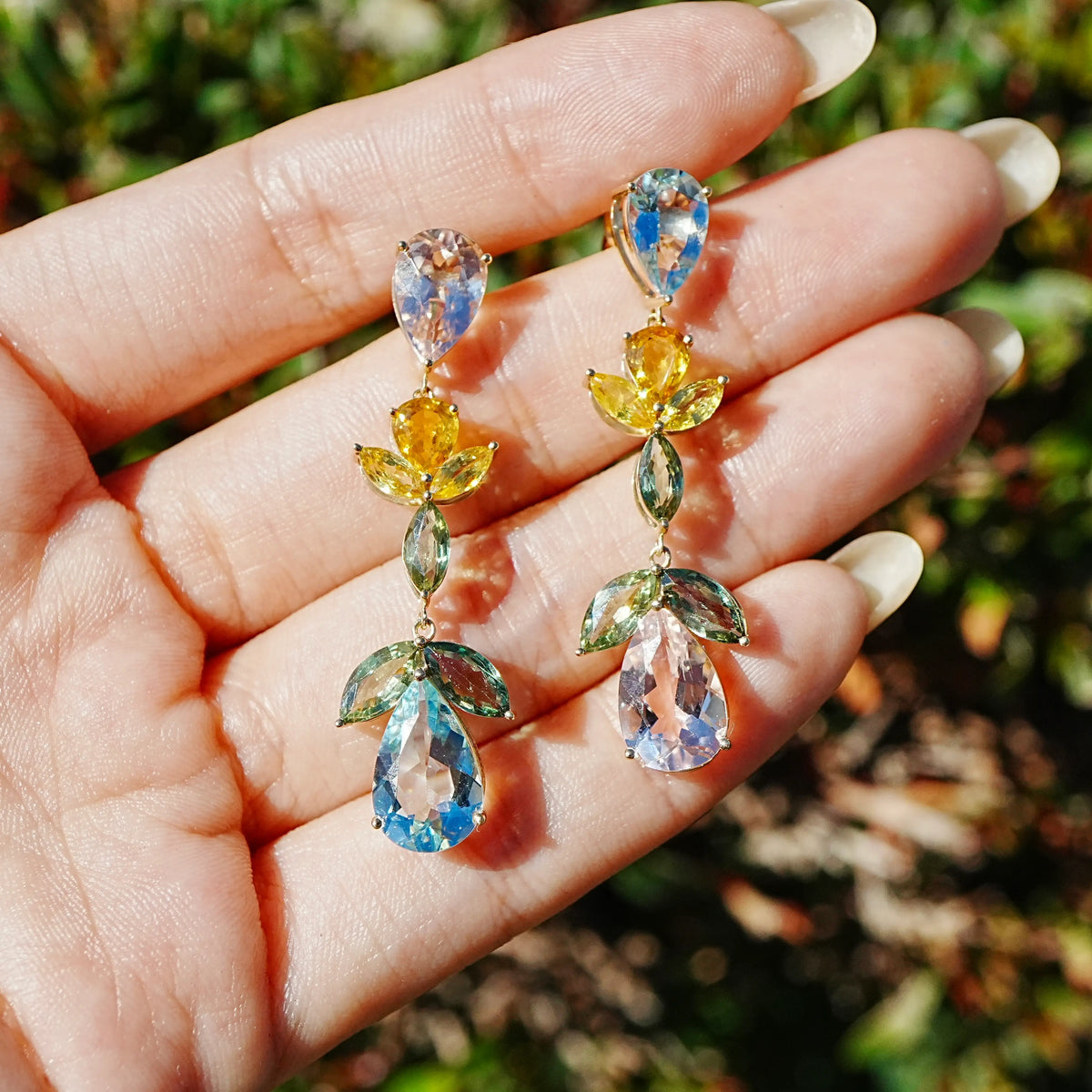 Garden Melody 13.26 ctw Natural Aquamarine, Morganite & Sapphire Drop Earrings (One-of-a-Kind)