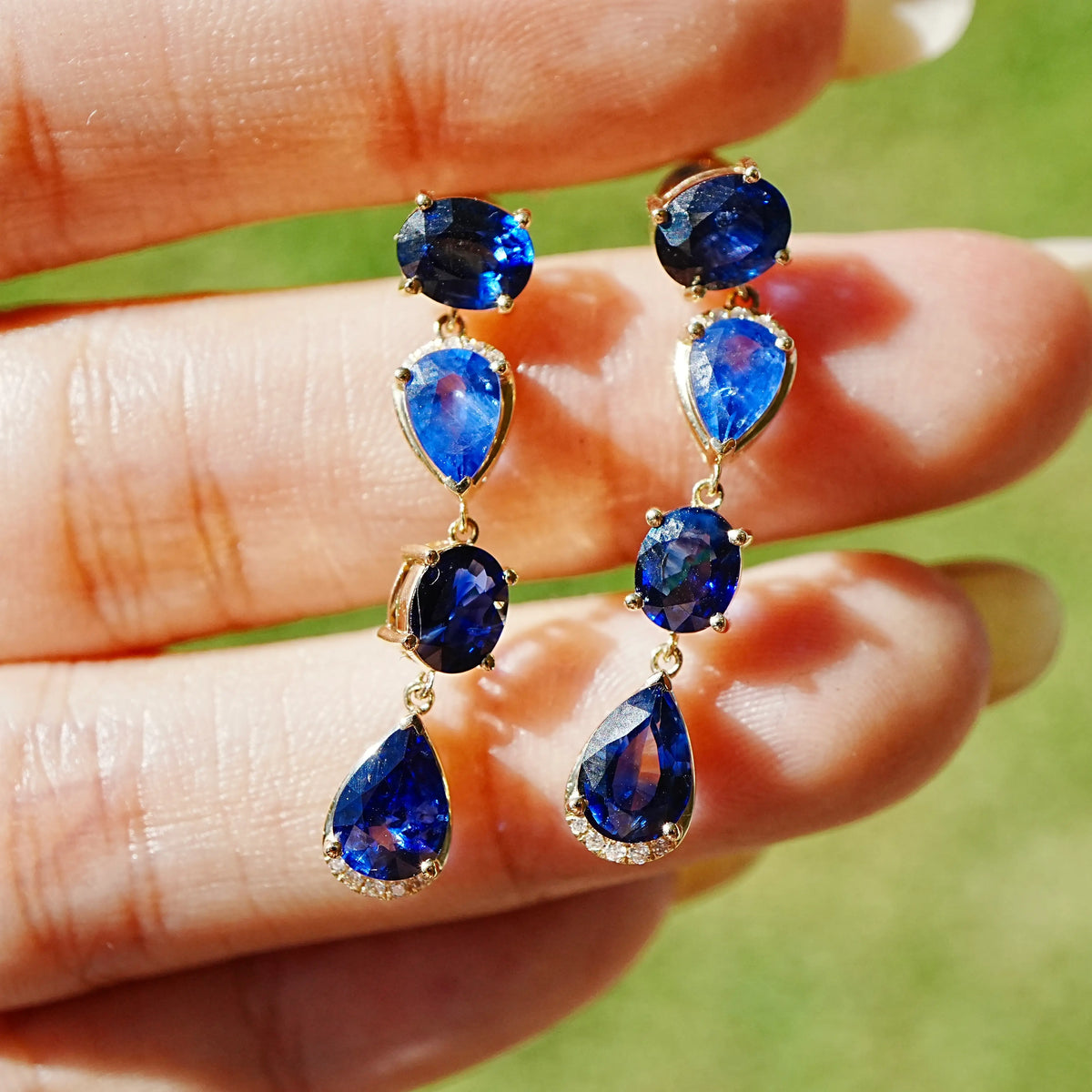 14k solid yellow gold Garden Melody AIGS Certified 5.13 ctw Natural Royal Blue Sapphire & Diamond Drop Earrings (One-of-a-Kind)
