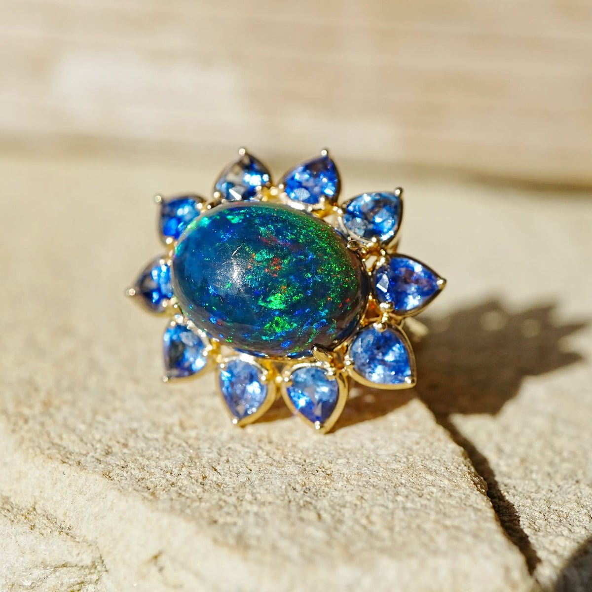 14k yellow gold Bloom Halo 9.69 ctw Natural Opal & Sapphire East-West Ring (One-of-a-Kind)